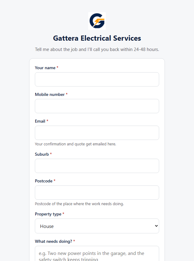 The Gattera Electrical online quote request form